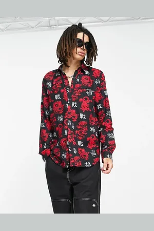 Liquor N Poker Oversized long sleeve shirt in with all over dragon and japanese text print
