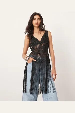 ASOS Embroidered satin cornelli crop top with fringe hem in