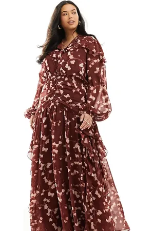 ASOS ASOS DESIGN Curve ruched bodice button through maxi dress with frill details in red floral print