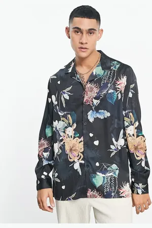 ASOS Relaxed deep revere satin shirt in dark floral print