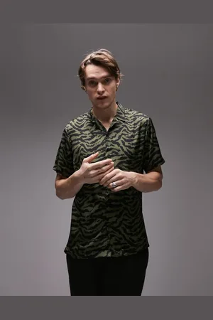 Topman Satin deep revere shirt in khaki animal print