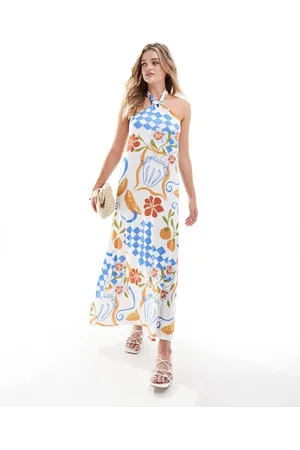 ASOS Halter neck knot detail trapeze midi dress in postcard print