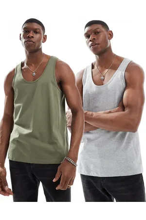 ASOS 2 pack vests in grey marl and khaki