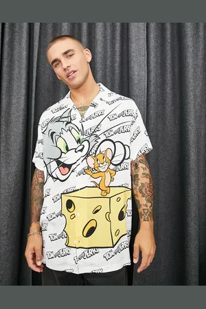ASOS Relaxed revere long shirt in Tom & Jerry monogram print