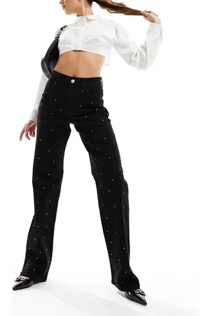 Pieces® Rhinestone wide leg jeans in washed
