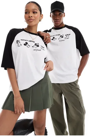 ASOS Disney oversized raglan t-shirt with Mickey & Friends prints in off and black