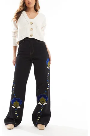 SCALPERS Flower Emb Denim Pant In Dark