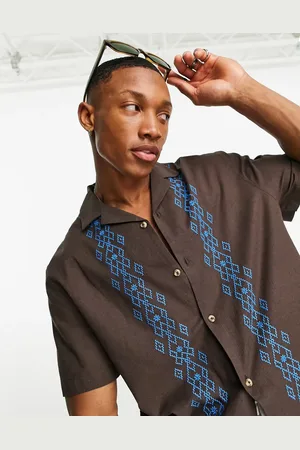 ASOS Relaxed revere linen mix shirt in with embroidered border
