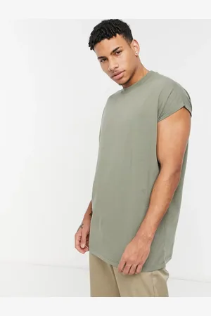 ASOS Oversized longline t-shirt with roll sleeve in washed khaki