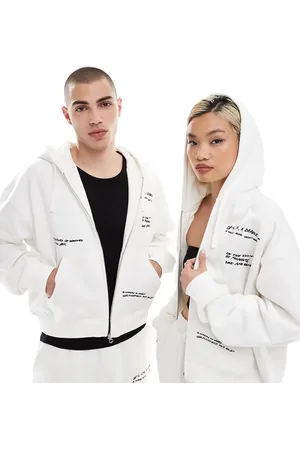 Weekday Unisex co-ord boxy fit zip through hoodie with graphic embroidery in off- exclusive at ASOS