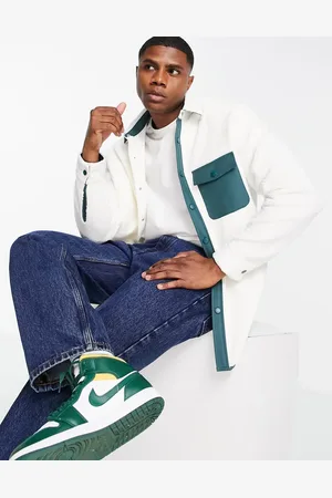 ASOS Oversized fleece shirt with green nylon pocket in ecru