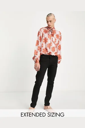 ASOS Satin shirt with pussybow tie neck and blouson sleeves in 70s geo