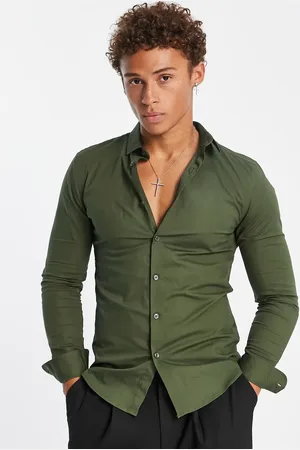 New Look Muscle fit poplin shirt in light khaki