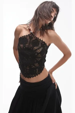 Topshop Premium knitted crochet style halter top with beads in