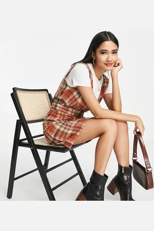 VILA Exclusive mini pinafore dress with belt in orange check