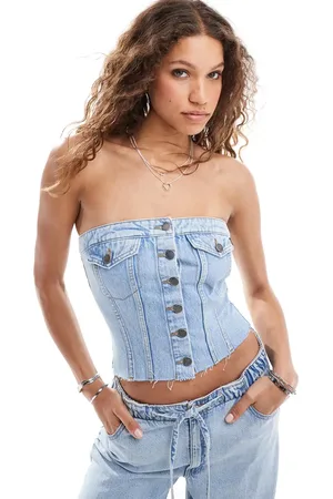 Dr Denim Carli pocket detail denim tube top in stream light retro raw hem