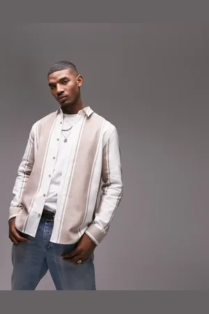 Topman Long sleeve regular brushed flannel stripe shirt in white and tobacco