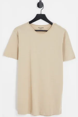 JACK & JONES Essentials longline scoop hem raw edge t-shirt in beige