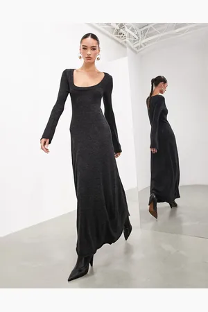 ASOS Long sleeve scoop neck knitted maxi dress in charcoal