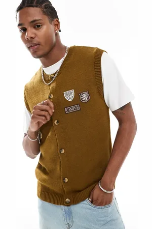 ASOS Knitted sleeveless cardigan in khaki with varsity badges