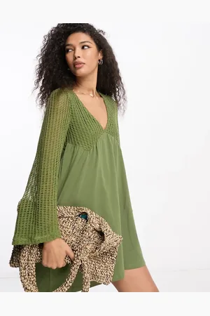 ASOS Long sleeve v neck crochet mini dress in khaki