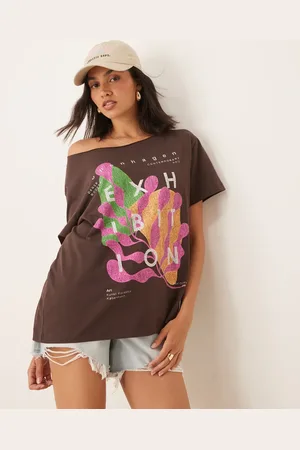 ASOS Off shoulder t-shirt with exhibition graphic in