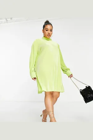 NaaNaa Plisse long sleeve smock dress in lime