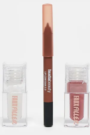 HUDA BEAUTY Lip Trio- Faux Filler Gloss Bombshell + Faux Filler Gloss Glassy + Lip Contour Warm Brown