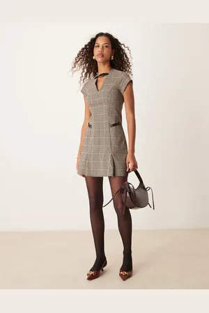ASOS Buckle detail mini cap sleeve dress with box pleat skirt in check