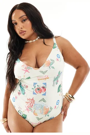 ASOS Curve v-front swimsuit in postcard print