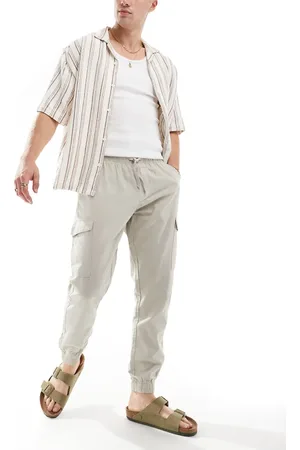 Brave Soul Linen blend elasticated waist cargo trousers in light stone