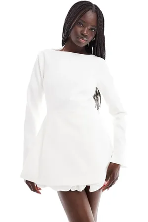 Six Stories Bridal long sleeve puff hem mini dress in soft
