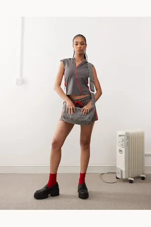COLLUSION Fitted asymmetric zip through hooded moto top with red panel co-ord in grey