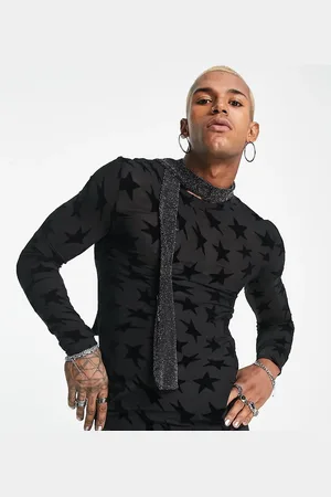 COLLUSION Star flock mesh long sleeve top in