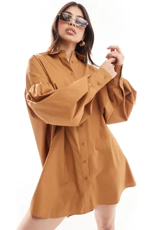 ASOS Ultimate boyfriend mini shirt dress with volume sleeve in tan