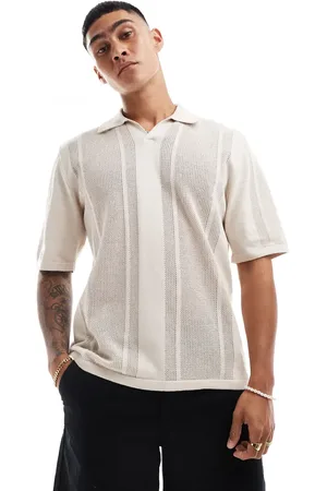 JACK & JONES Oversized revere collar textured knitted polo in beige