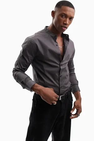 ASOS Skinny fit shirt with grandad collar in charcoal
