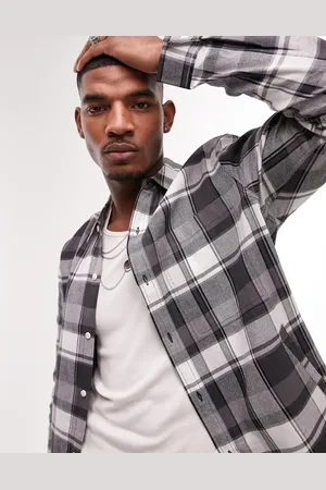 Topman Long sleeve regular flannel check shirt with drawstring hem in black and white