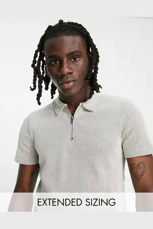 ASOS Textured waffle polo with zip in beige