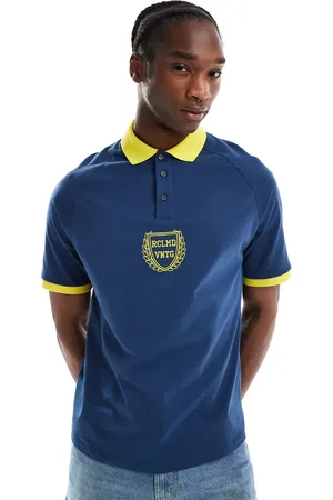 Reclaimed Oversized sports polo top in navy and yellow