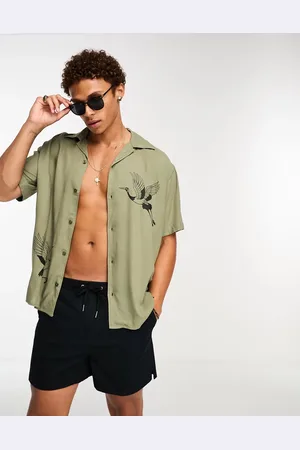 SELECTED Revere collar oversized shirt with bird print in khaki