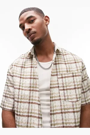 Topman Short sleeve relaxed check shirt in green and
