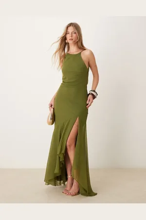 ASOS Racer neck low cowl back maxi dress with high low frill hem in