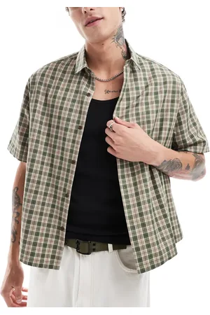 ASOS Boxy relaxed shirt in stone and olive dad check