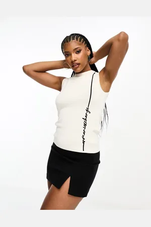 Armani Exchange Text logo fine knit tank top in off