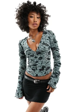Free People Floral print hook and eye long sleeve top in grey