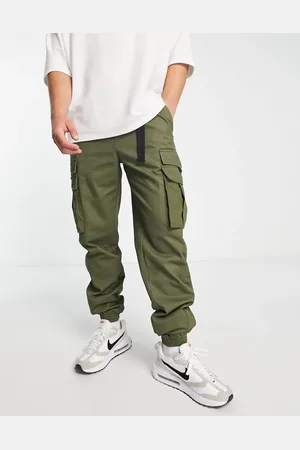 Topman Skinny belted cargo trousers with side panel in khaki
