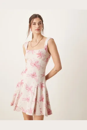 ASOS Square neck godet mini dress in pink ditsy print