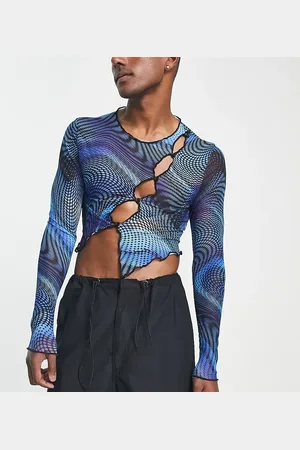 COLLUSION Asymetric long sleeve mesh top in print