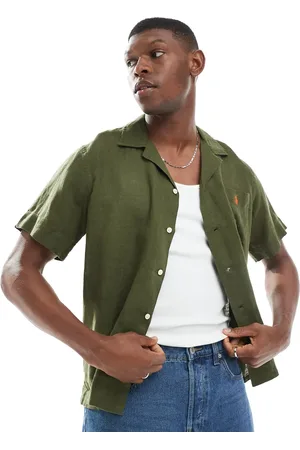Ralph Lauren Icon logo short sleeve revere collar linen shirt classic oversized fit in olive